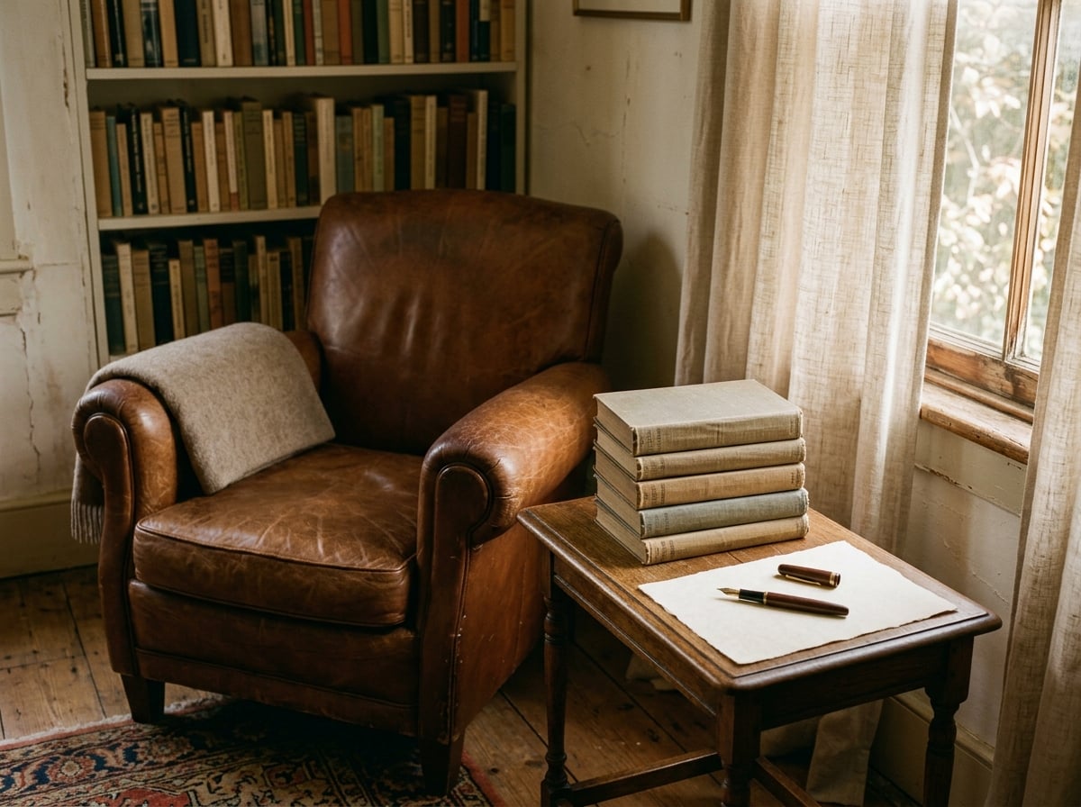 A quiet study with a leather chair, books, and a fountain pen
