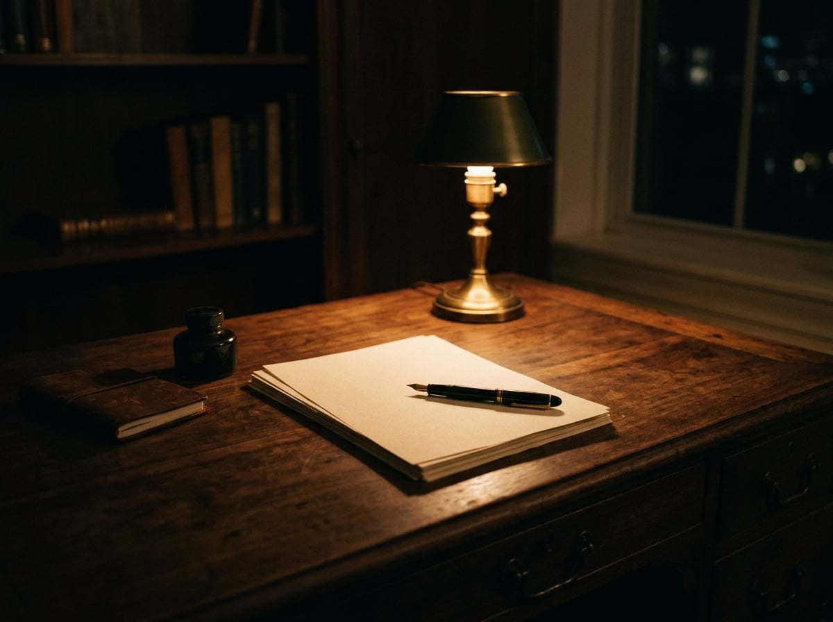 An empty writer's desk at night, fountain pen on blank pages