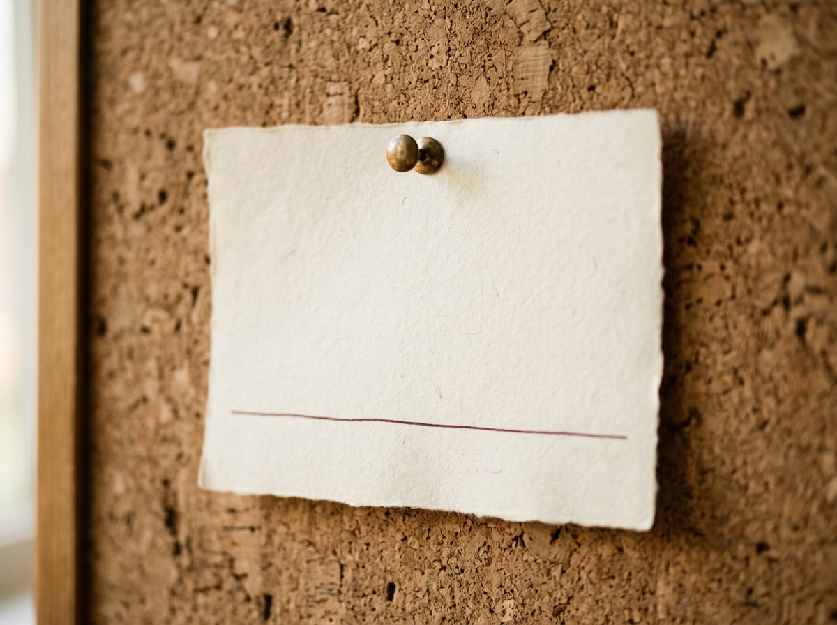 A blank cream page pinned to cork with a thin oxblood line